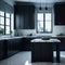 Modern Kitchen With Classic Lines, Large Dinning Island with Marble top, Hanging Lights, Window Sunlight, Clean style Generative