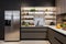 Modern kitchen design with open shelves filled with food