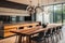 Modern kitchen featuring wooden table and stylish glass pendant lights, modern design