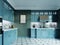 Modern kitchen furniture, dark turquoise color. Provence kitchen interior in fashionable design, faded coral, green color