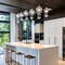 A modern kitchen with glossy white cabinets, a quartz waterfall island, and pendant lights hanging above a sleek dining area2, G