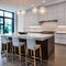 A modern kitchen with glossy white cabinets, a quartz waterfall island, and pendant lights hanging above a sleek dining area3, G