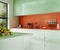 Modern kitchen interior with bright coloured cabinets, window with garden view, 3d render