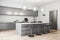 Modern kitchen interior with concrete wall, wooden floor, appliances and spherical lamps. Luxurious lifestyle concept. 3D