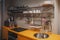 Modern kitchen interior, open shelving with dishes