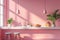 Modern kitchen interior with pink walls, white countertop, and elegant accessories