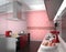 Modern kitchen interior with smart appliances in pink color coordination