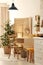 Modern kitchen interior with wooden crates