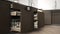 Modern kitchen, opened wooden drawers with accessories inside, s
