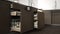 Modern kitchen, opened wooden drawers with accessories inside, s