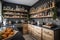 a modern kitchen, with shelves lined with nutritional supplements and ingredients for healthy cooking