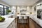 A modern kitchen with sleek white cabinets, granite countertops, and