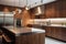 modern kitchen with sleek, wood-paneled walls and stainless steel appliances