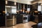 modern kitchen with stainless steel appliances and black granite countertops, surrounded by sleek and stylish decor