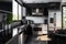 modern kitchen with stainless steel appliances and black granite countertops, surrounded by sleek and stylish decor