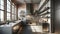 A Modern kitchen with stainless steel appliances and open shelving. Minimalist kitchen with brick walls