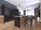 Modern kitchen with wood and gloss black kitchen cabinets, kitchen island with bar stools, stone countertops, built-in appliances