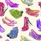 Modern ladies shoes: wedge, slingbacks, stilettos, court shoes and kitten heel, hand painted watercolor illustration