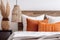 modern lamp interior design orange home decor pillow bedroom fall bed. Generative AI.