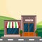 Modern landscape set with cafe, restaurant building. Flat style vector illustration. pizzeria block infographic