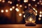 Modern lantern on wooden table and unfocused lights at the background. Evening magic atmosphere concept picture with dark phantom