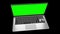 Modern laptop with empty green screen isolated on black background