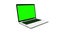 Modern laptop with a green screen appearing on white. There is an alpha channel