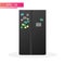 A modern large black refrigerator with a display, with magnets and photos on the door. Realistic design. On a white