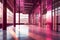 Modern large hall in pink tones with glass windows and sunlight. Futuristic exhibition hall. Generative AI