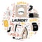 Modern laundry doodle illustration. Housework machine wash, iron, powder, socks, towels. Domestic Home hand drawn lettering sketch