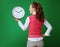 Modern learner woman looking at white round clock