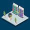 Modern library bookshelf isometric color vector illustration