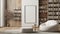 a modern library room, characterized by its minimalistic aesthetic and warm color palette of white, gray, and beige, an