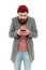 Modern life demands modern gadgets. Mobile dependence concept. Mobile phone always with me. Hipster bearded man use