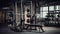 Modern light gym. Sports equipment in gym. Barbells of different weight on rack