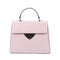 Modern light pink leather women\\\'s handbag with a top handle, a black trim, a silver metal accent