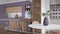 Modern liliac and wooden kitchen, Island, parquet and decors. Dining table with chairs, open wine cellar, shelves with pottery and