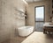 Modern limestone bathroom, bathtub and shower, shelves with bottles, big panoramic window