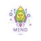 Modern line art with rocket, light bulb and stars. Mind energy icon. Innovation project and startup business. Colorful