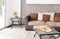 Modern living room in an apartment with a sofa, coffee table and a bonsai tree next to a bright window with a textured gray wall