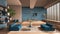 Modern living room in blue tones, hall, open space with parquet oak floor with steps, sofa, carpet and coffee tables, dining table