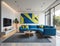 modern living room design with glass wall and blue sofa, generative photo ai