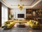 modern living room design with glass wall with yellow sofa, generative photo ai