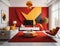modern living room design with glass walls, a combination of red and yellow, generative photo ai