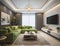 modern living room design with glass walls, green sofa, generative photo ai