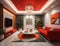 modern living room design with glass walls and red sofa, generative photo ai