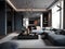 Modern living room filled with furniture and a large window, the trend of modern minimalism gray and dark theme Generative AI