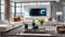 modern living room Futuristic home, living room, with couch, end tables, painting on wall,