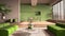 Modern living room in green tones, hall, open space with parquet oak floor with steps, sofa, carpet and coffee tables, dining