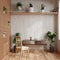 Modern living room has white concrete walls, decorated with plants on the shelves. The sides were wooden walls and there were